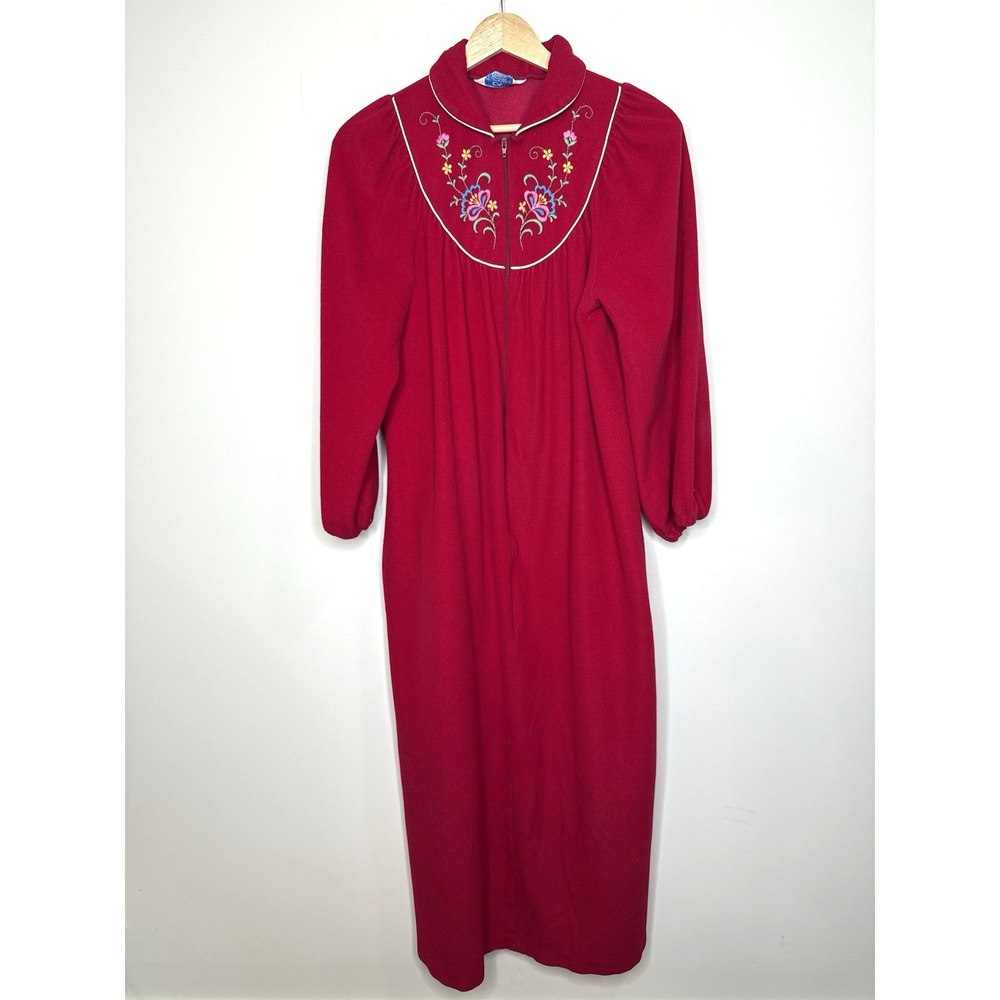 Vintage 60s Sears Home Wear Fleece Robe Housecoat‎ Red Embroider Floral Zip Long